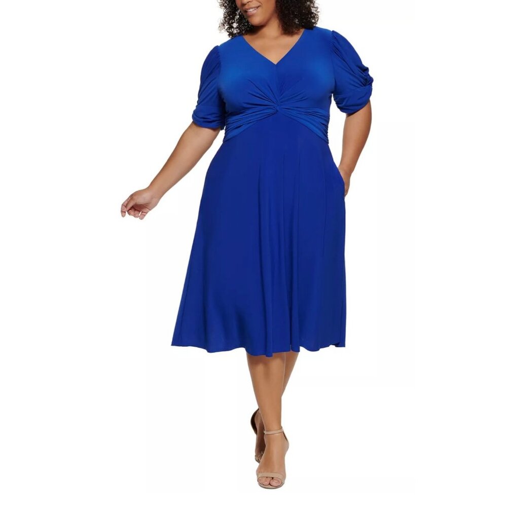 JESSICA HOWARD Plus Size Twisted Puff Sleeves Midi Dress Royal Blue 22W